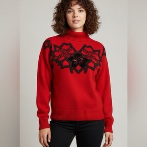 IB Infusion 90s Beaded Red Turtleneck Sweater with Black Floral Design